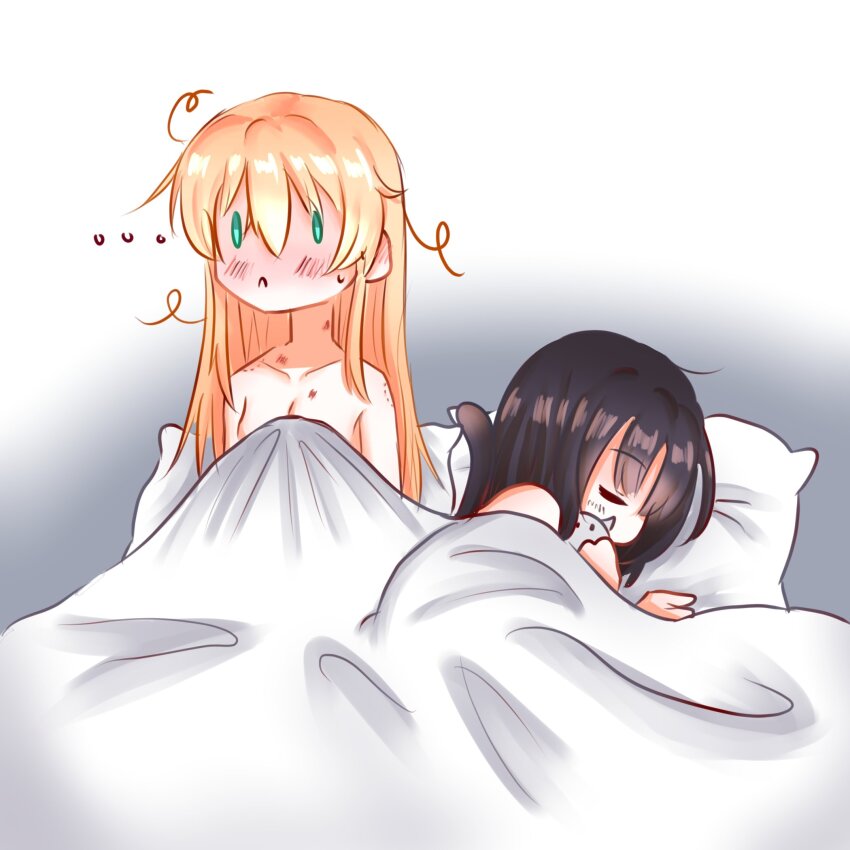 2girls aftersex asakura_karen_(heaven_burns_red) bad_link bed_sheet bite_mark black_hair blonde_hair breasts collarbone green_eyes heaven_burns_red highres hood long_hair multiple_girls pillow tail toujou_tsukasa tskrn yuri
