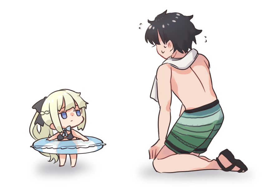1boy 1girl absurdres black_bow black_hair blue_eyes bow fate/grand_order fate_(series) fujimaru_ritsuka_(male) hair_between_eyes hair_bow highres long_hair morgan_le_fay_(fate) ponytail shigure_(ffrh7824) short_hair simple_background white_hair