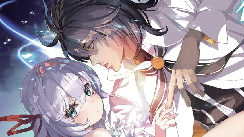 1boy 1girl al_azif_(demonbane) black_hair blue_eyes blush commentary_request daijuuji_kurou demonbane hair_ribbon jacket long_hair looking_at_another looking_at_viewer nishii_(damnedrive) purple_hair red_ribbon ribbon short_hair upper_body white_jacket