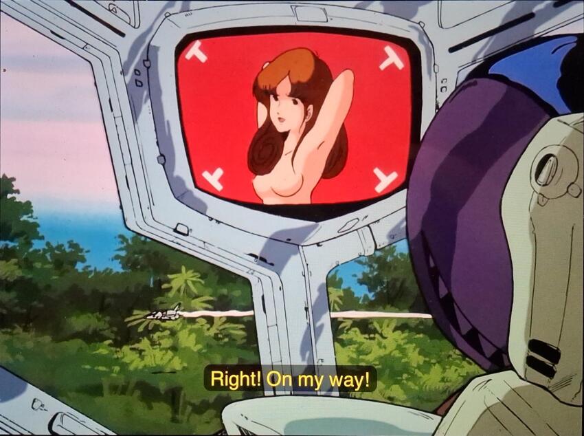 anime_screenshot breasts brown_hair easter_egg egg hayase_misa highres mecha mecha_pilot orguss robot topless_female