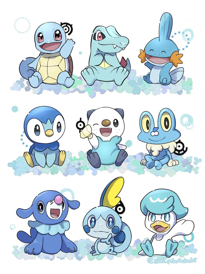:d ^_^ animal_focus arm_up arms_up bird blue_eyes blue_skin bright_pupils closed_eyes colored_skin commentary_request fangs fangs_out freckles froakie frog gen_1_pokemon gen_2_pokemon gen_3_pokemon gen_4_pokemon gen_5_pokemon gen_6_pokemon gen_7_pokemon gen_8_pokemon highres mudkip nintendo no_humans one_eye_closed open_mouth oshawott penguin piplup pokemon pokemon_(creature) popplio quaxly red_eyes saki_pokeoekaki sitting smile snout sobble squirtle tail totodile unown unown_i unown_m unown_u unown_z white_background white_pupils