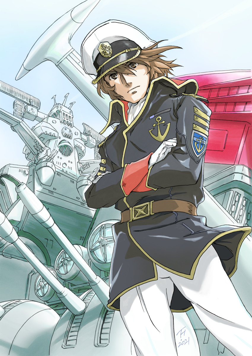 1boy absurdres belt black_jacket brown_belt brown_hair crossed_arms gloves hair_between_eyes hat highres huge_filesize jacket kujira_gunsou looking_at_viewer male_focus military military_hat military_uniform pants science_fiction solo spacecraft uchuu_senkan_yamato uchuu_senkan_yamato_2205:_arata_naru_tabidachi white_gloves white_hat white_pants yamato_(uchuu_senkan_yamato)