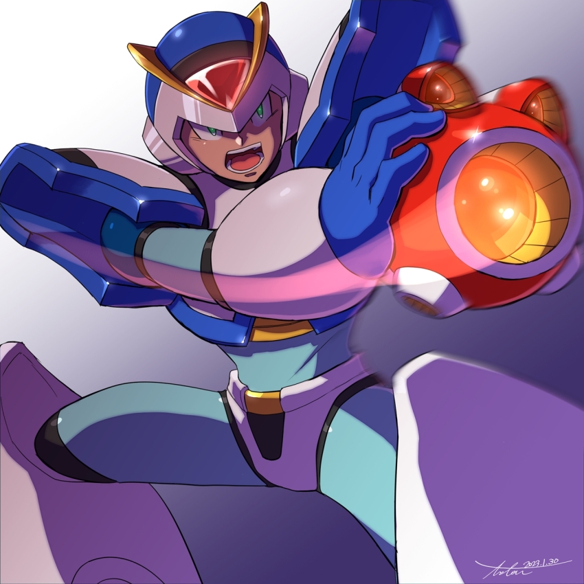 1boy aiming aiming_at_viewer android arm_cannon armor artist_name dated first_armor_x_(mega_man) forehead_jewel gloves gradient_background green_eyes helmet highres kamiyama_teten male_focus mega_man_(series) mega_man_x1 mega_man_x_(series) open_mouth robot robot_ears shoulder_armor signature simple_background solo standing teeth weapon white_armor white_helmet x_(mega_man)
