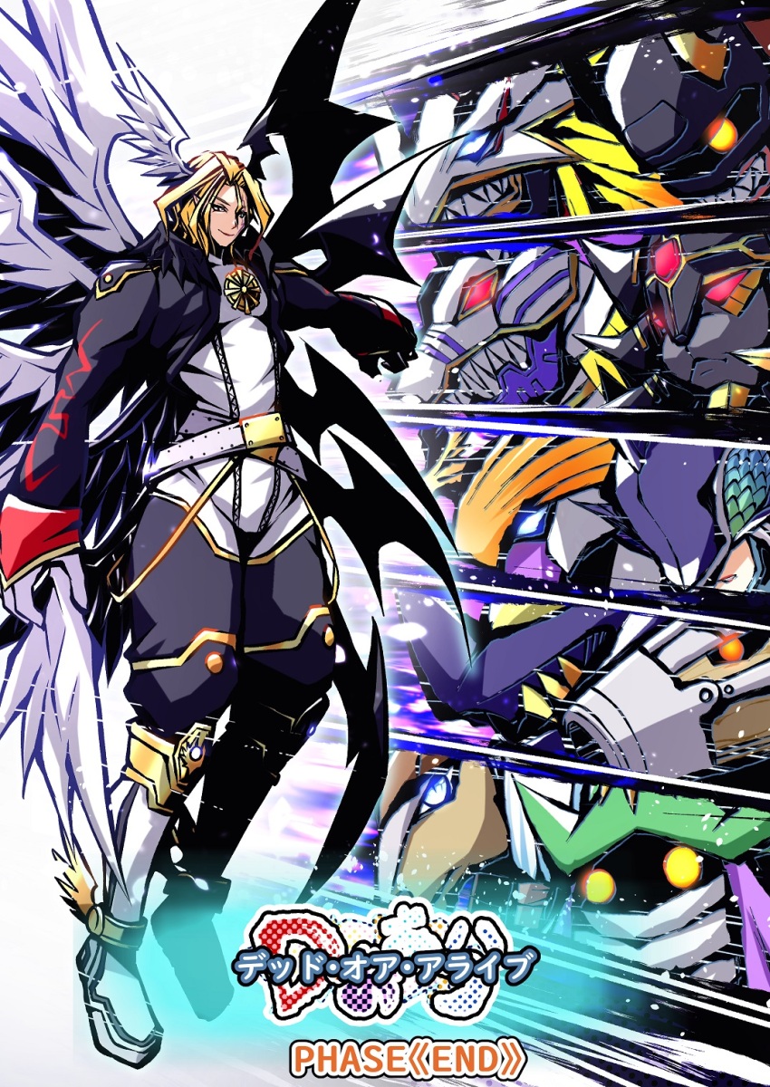ancientbeatmon ancientgarurumon ancientgreymon ancientirismon ancientmegatheriumon ancientmermaimon ancientsphinxmon ancienttroiamon ancientvolcamon ancientwisemon blonde_hair digimon digimon_(creature) highres long_hair lucemon_falldown_mode sharp_teeth teeth wings yellow_eyes
