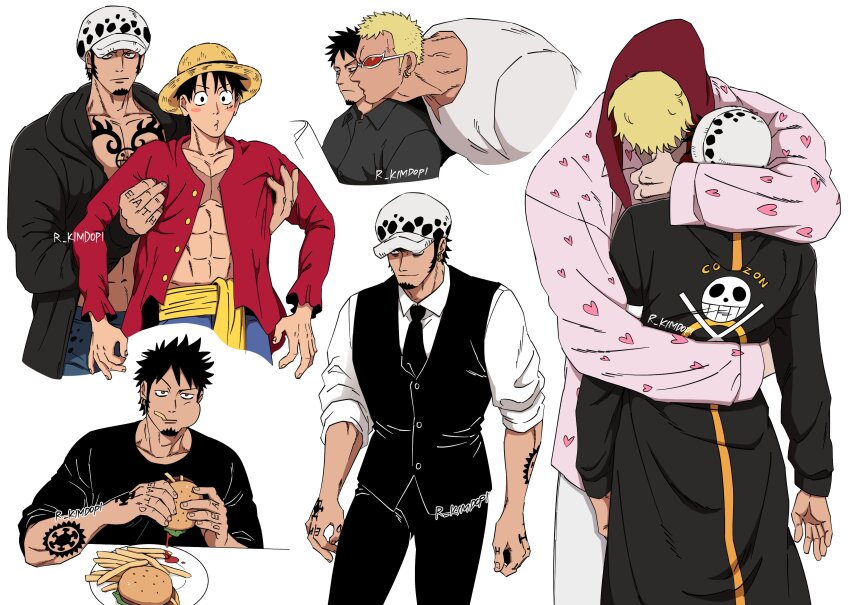 4boys :o abs absurdres alternate_costume arm_tattoo balnom black_vest blush burger burger_malfunction carrying carrying_person chest_tattoo coat collage donquixote_doflamingo donquixote_rocinante eating facial_hair feet_out_of_frame finger_tattoo food fur_coat goatee hand_tattoo head_on_another&#039;s_shoulder heart heart_print highres hug leopard_print kiss kissing_cheek long_sideburns male_focus monkey_d._luffy multiple_boys one_piece pectoral_cleavage pectorals pink_shirt raised_eyebrow shirt short_hair sideburns tattoo trafalgar_law vest yaoi