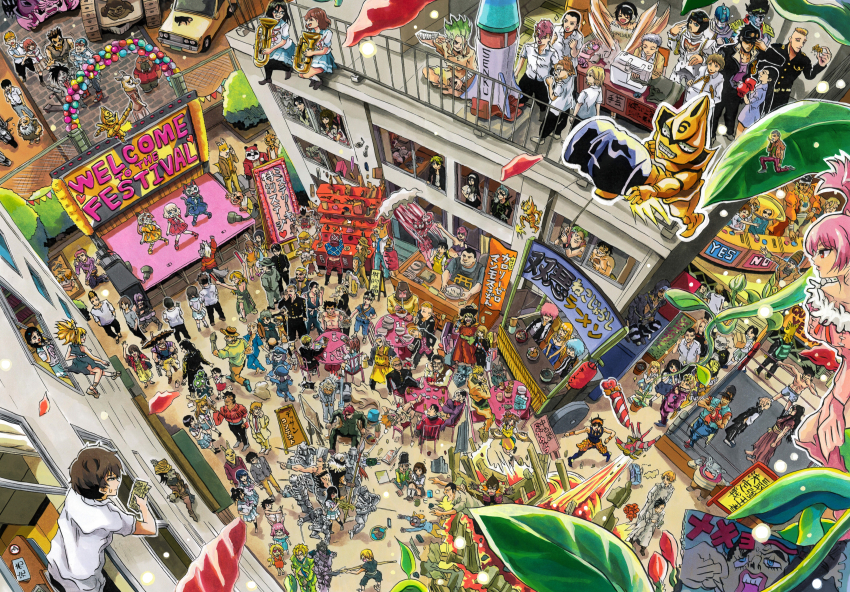 6+boys 6+girls absurdres ashita_no_joe beard bento black_hair blonde_hair blue_hair blue_necktie bow_(weapon) boxing_gloves brown_hair car cellphone character_request commentary_request daimon_kenshirou daimon_koushirou dog dr._stone easel eyepatch facial_hair food giorno_giovanna green_hair guido_mista gun hat heart heart-shaped_eyes hibike!_euphonium highres holding holding_instrument hyouka ichimura_shiho instrument ishigami_senkuu jojo_no_kimyou_na_bouken kohaku_(dr._stone) marker_(medium) motor_vehicle motorcycle multiple_boys multiple_girls necktie nikaidou_rui odd_taxi phone pink_hair red_hair sailor_collar school_uniform sewing_machine shirt skirt stand_(jojo) stardust_crusaders tokyo_revengers traditional_media translation_request tsuchiyamashige vento_aureo weapon white_hair white_shirt yano_(odd_taxi)