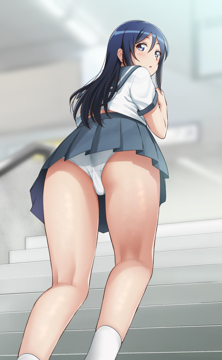 1girl aragaki_ayase blue_eyes blue_hair blue_sailor_collar blurry blurry_background blush feet_out_of_frame from_below grey_skirt hair_between_eyes highres kneepits long_hair looking_back mibushiro open_mouth ore_no_imouto_ga_konna_ni_kawaii_wake_ga_nai panties pantyshot pleated_skirt sailor_collar school_uniform serafuku shirt short_sleeves skirt socks solo stairs thighs underwear upskirt white_panties white_shirt white_socks