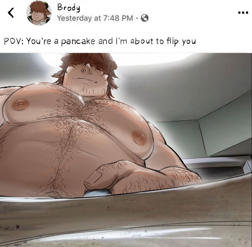 1boy absurdres animal_ears bara brody_(plateforrat) brown_hair cow_ears facial_scar fat fat_man from_below hair_over_eyes highres huge_pectorals looking_at_viewer male_focus mature_male meme muscular muscular_male navel navel_hair nipples original pectorals plateforrat pov pov_you&#039;re_a_pancake_and_i&#039;m_about_to_flip_you_(meme) scar scar_on_cheek scar_on_face solo sparse_chest_hair sparse_stubble strongman_waist thick_eyebrows upper_body
