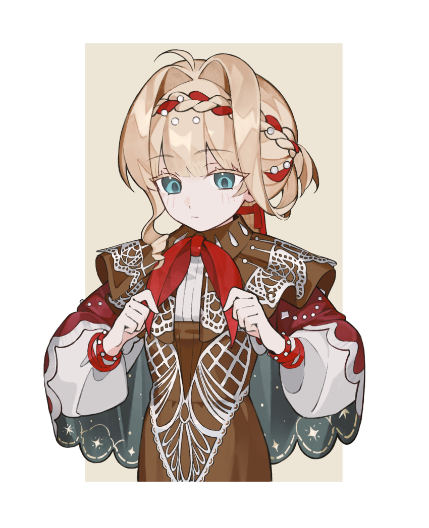 1girl absurdres adjusting_neckerchief blonde_hair blue_eyes border braid braided_bangs brown_dress cloak closed_mouth dress hair_ribbon highres kiperina long_hair long_sleeves looking_down low_ponytail neckerchief outside_border ponytail puffy_long_sleeves puffy_sleeves quanx70909457 red_cloak red_neckerchief red_ribbon reverse:1999 ribbon solo upper_body white_border