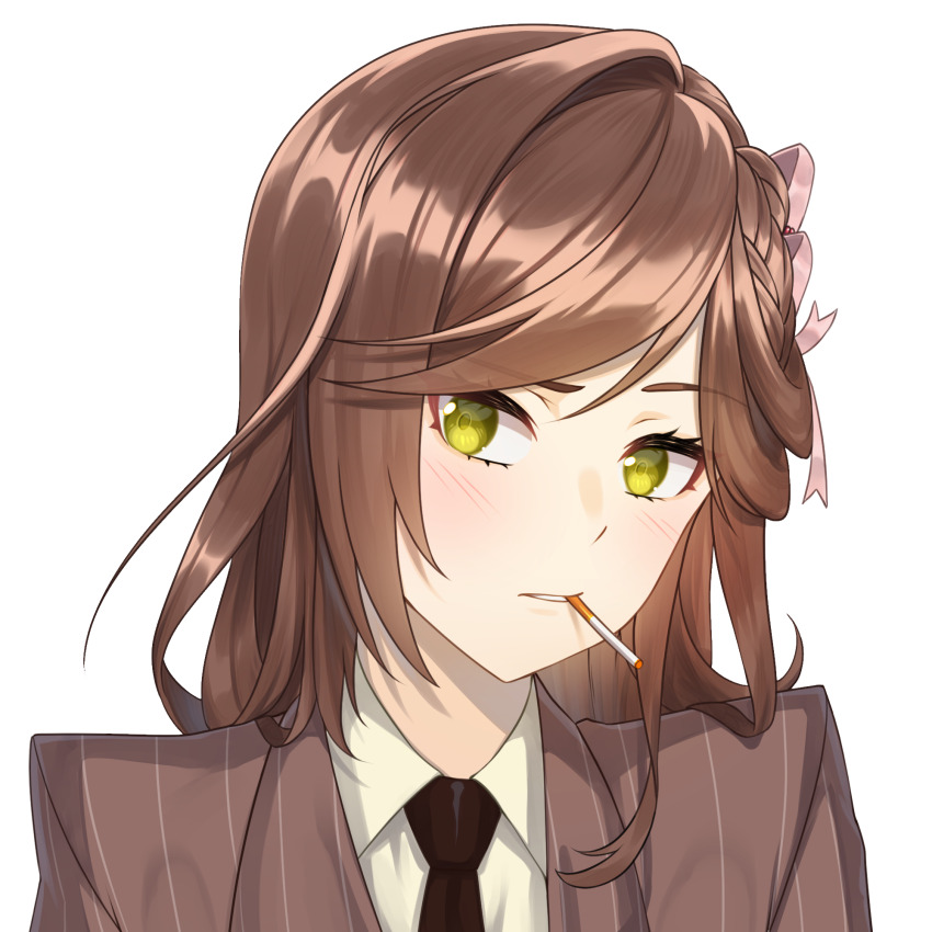 1girl acrylicstroke brown_hair cigarette collared_shirt commission commissioner_upload cosplay formal_clothes green_eyes hair_ornament highres jacket long_hair looking_at_viewer necktie non-web_source red_jacket red_necktie red_spy_(tf2) rosa_(tears_of_themis) shirt smoking solo spy_(tf2) spy_(tf2)_(cosplay) striped_clothes striped_jacket team_fortress_2 tears_of_themis transparent_background upper_body vertical-striped_clothes vertical-striped_jacket white_shirt