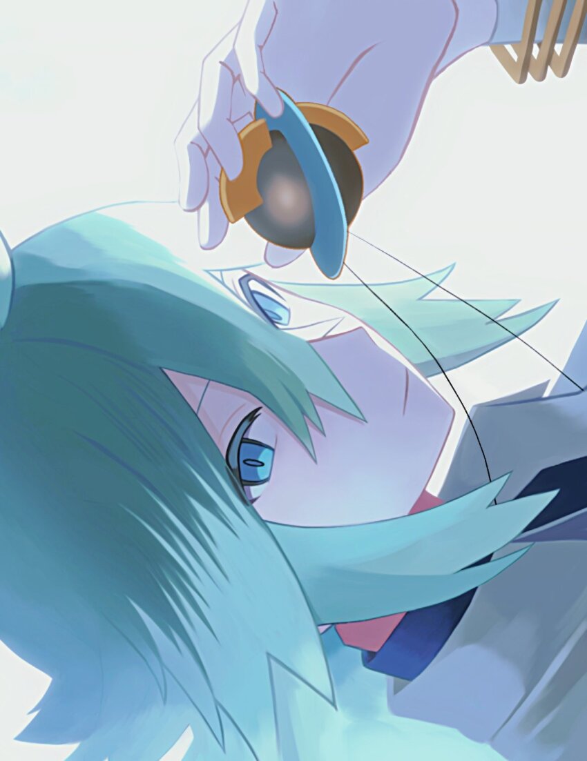 1boy black_undershirt blue_eyes bracelet closed_mouth collared_shirt green_hair hair_between_eyes highres holding_pendant jewelry long_hair looking_at_viewer male_focus n_(pokemon) nintendo pokemon pokemon_bw ponytail shirt sideways simple_background solo upper_body white_background white_shirt zero_(sleepy_meltan)