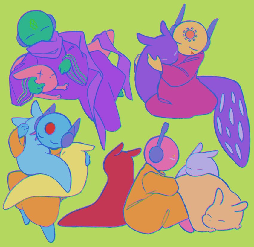 1girl 1other 2boys androgynous artificer_(rain_world) axolotl_ears barefoot blue_fur blue_outline blue_skin c_artb_2 chromatic_aberration circle_facial_mark closed_eyes colored_skin creature creature_on_arm facial_mark five_pebbles forehead_mark from_behind gourmand_(rain_world) green_background green_skin highres holding holding_creature hug hunter_(rain_world) iterator_(rain_world) looking_to_the_side looks_to_the_moon monk_(rain_world) monster multiple_boys no_mouth no_nose no_significant_harassment orange_robe outline pink_fur pink_skin purple_fur purple_robe purple_scarf rain_world red_robe rivulet_(rain_world) robe robot robot_ears robot_girl scar scar_across_eye scar_on_face scarf seven_red_suns sitting sleeping slugcat spearmaster_(rain_world) survivor_(rain_world) white_eyes x x_facial_mark yellow_fur yellow_robe yellow_skin