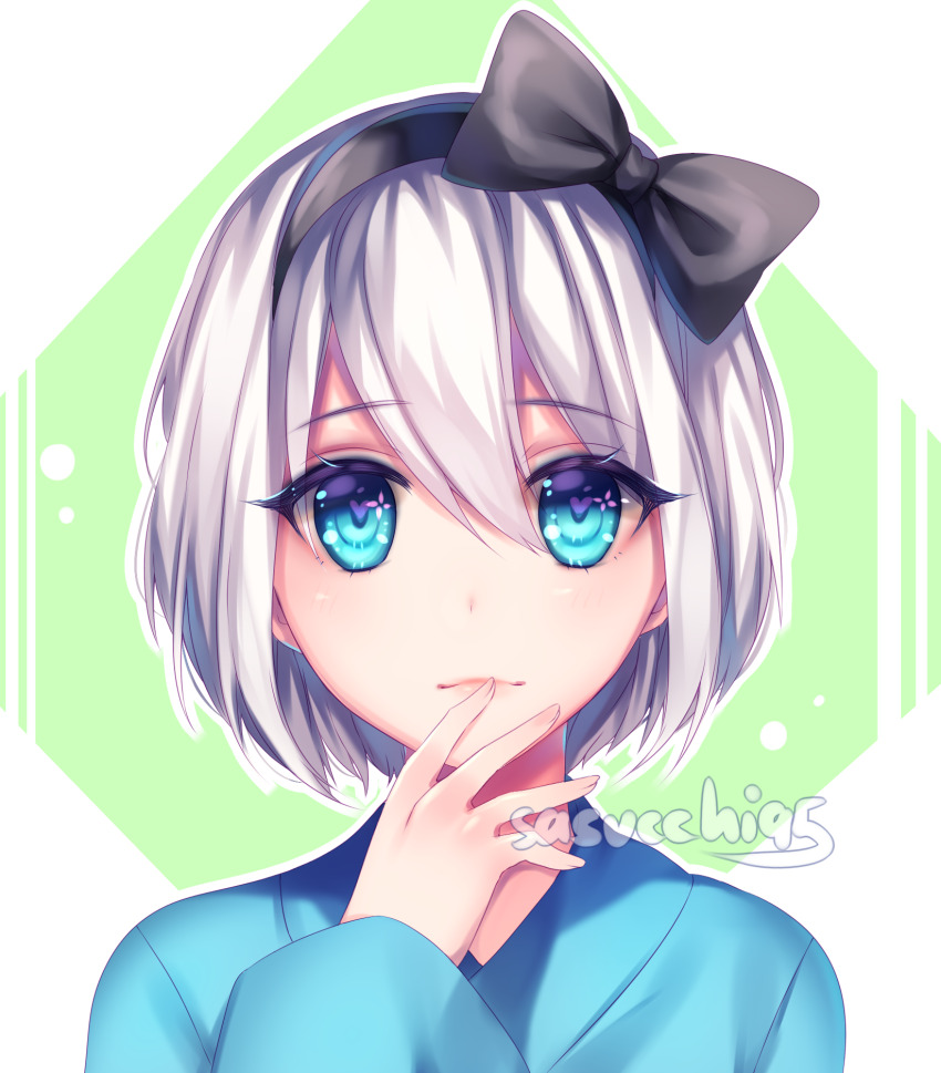 1girl artist_name black_hairband blue_eyes blue_shirt blush bob_cut border bow_hairband closed_mouth commentary commission double-parted_bangs english_commentary finger_to_mouth fingernails green_background hair_between_eyes hairband hand_on_own_chin hand_up heart heart-shaped_pupils highres light_smile lips long_sleeves looking_at_viewer original outline outside_border portrait purple_pupils sasucchi95 shirt short_hair simple_background solo straight-on symbol-shaped_pupils white_border white_hair white_outline