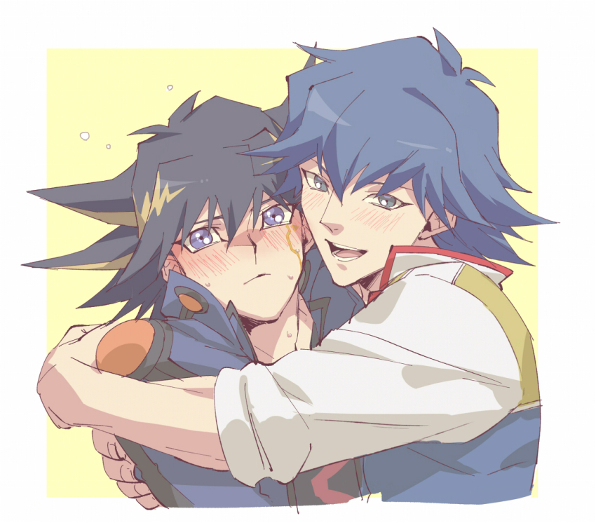 2boys arm_around_shoulder black_hair blonde_hair blue_eyes blue_hair blue_jacket blush bruno_(yu-gi-oh!) closed_mouth collared_jacket commentary_request cropped_torso facial_mark fingernails fudo_yusei hair_between_eyes hug jacket looking_at_viewer male_focus multicolored_hair multicolored_jacket multiple_boys nervous_sweating open_mouth popped_collar sleeves_rolled_up smile spiked_hair streaked_hair sweat talgi teeth tongue upper_body yaoi yu-gi-oh! yu-gi-oh!_5d&#039;s