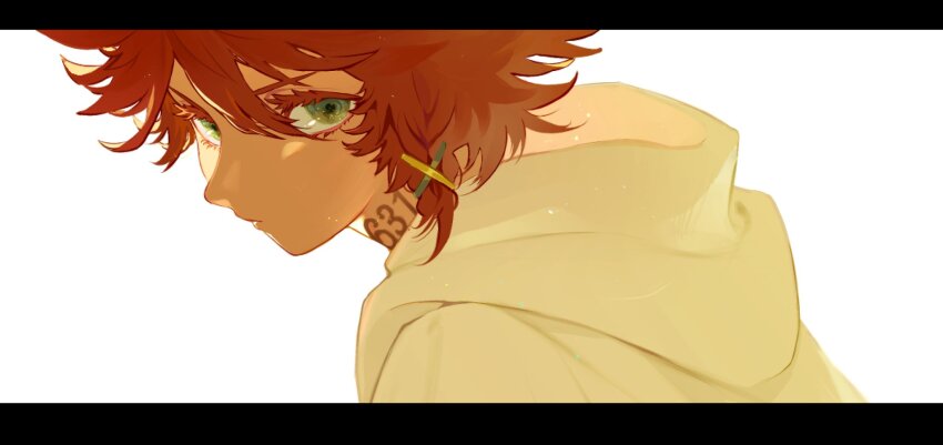1girl closed_mouth emma_(yakusoku_no_neverland) eyelashes green_eyes hair_between_eyes hair_ornament highres hood hood_down letterboxed light_particles looking_at_viewer neck_tattoo number_tattoo qin_(7833198) simple_background solo tattoo white_background x_hair_ornament yakusoku_no_neverland