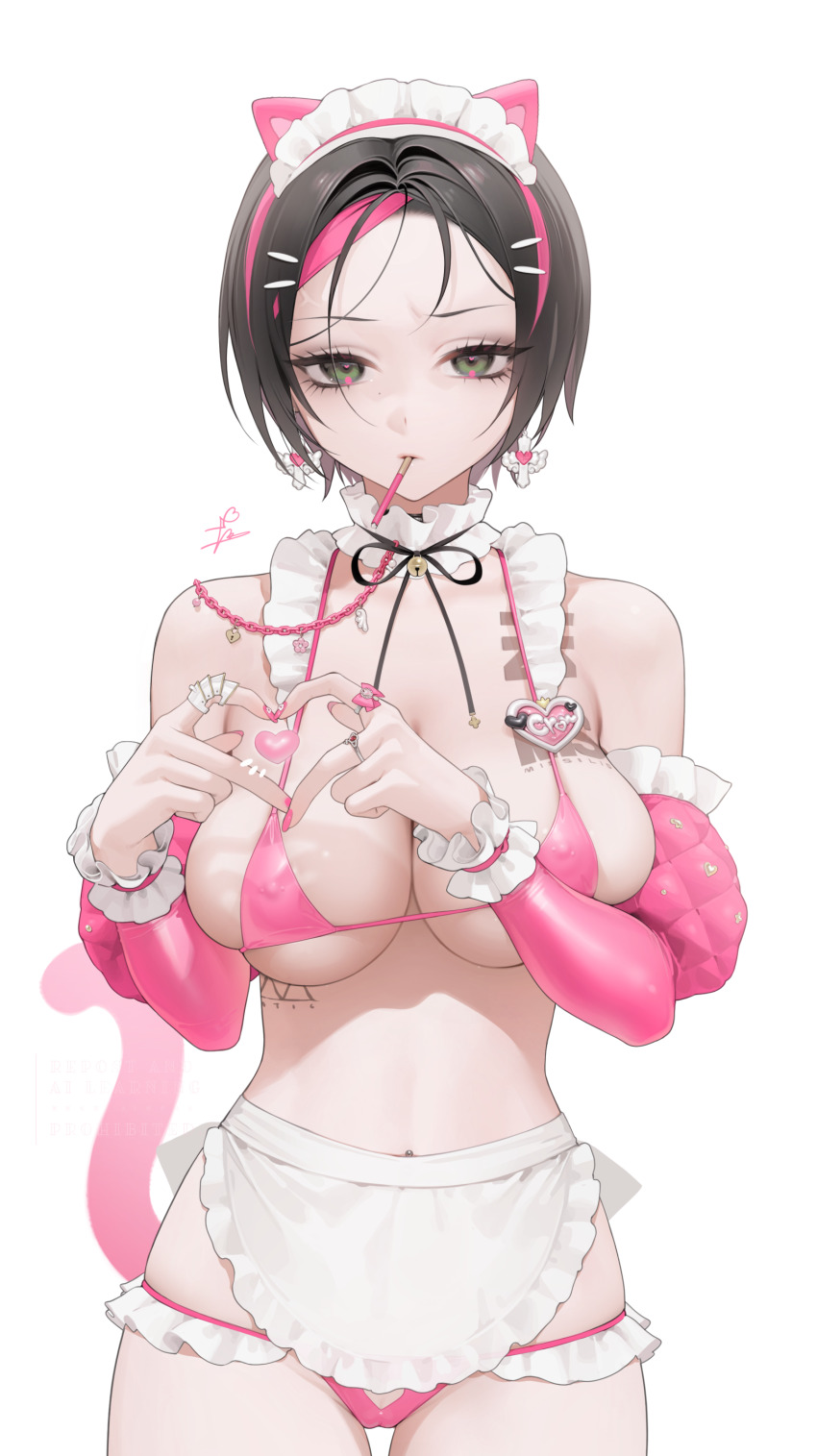 1girl four-finger_heart_hands absurdres animal_ears apron bare_shoulders bikini black_hair breasts cat_ears cat_tail crow_(nikke) earrings food food_in_mouth frills goddess_of_victory:_nikke grey_eyes heart heart_hands highres jewelry large_breasts looking_at_viewer maid maid_apron maid_bikini maid_headdress navel navel_peek neck_ribbon ohisashiburi pink_bikni pink_nails pocky pocky_in_mouth ribbon short_hair simple_background solo stomach swimsuit tail unconventional_maid white_background