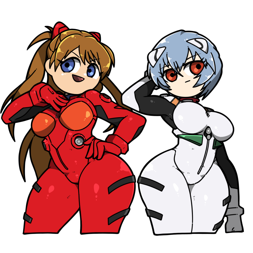 2girls :d :| arm_behind_head arm_up ayanami_rei blue_eyes blue_hair bodysuit breasts brown_hair closed_mouth hand_on_own_chest hand_on_own_hip highres interface_headset_(evangelion) light_blue_hair long_hair mecha_pilot_suit medium_breasts multiple_girls name_omoitukan2 neon_genesis_evangelion open_mouth plugsuit_(evangelion) red_bodysuit red_eyes short_hair simple_background smile souryuu_asuka_langley two_side_up white_background white_bodysuit