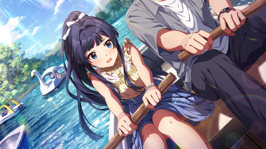 1boy 1girl black_hair blue_eyes blue_skirt boat canoe card_(medium) high_ponytail idolmaster idolmaster_million_live! idolmaster_million_live!_theater_days long_hair mogami_shizuka official_alternate_hairstyle official_art open_mouth ponytail private_dress_(idolmaster_million_live!) rowboat rowing shirt skirt sleeveless swan_boat water watercraft yellow_shirt