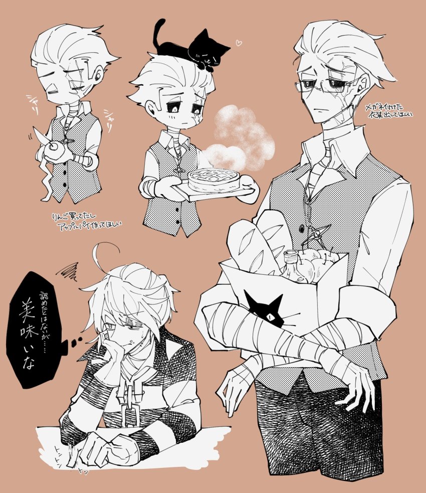 2boys =_= alva_lorenz animal animal_on_head animal_print apple bag baguette bandaged_arm bandaged_neck bandages black_sclera blush bread brown_background bruise bruised_eye cat cat_on_head cat_print chain closed_eyes collared_shirt colored_sclera cracked_skin food fruit glasses gloves hair_slicked_back heart highres holding holding_knife holding_tray identity_v injury jewelry knife long_neck long_sleeves luca_balsa male_focus monochrome multiple_boys multiple_views necklace on_head oven_mitts paper_bag pie ponytail shao_i5 shirt simple_background squiggle striped_clothes striped_shirt tapping tray vest