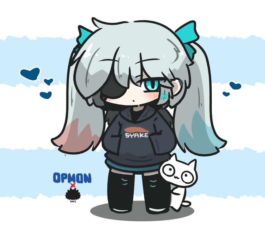 1girl animal black_hoodie black_thighhighs blue_eyes blue_hair blue_ribbon blue_skirt blush cat character_name chibi closed_mouth commentary_request eyepatch full_body grey_hair hair_between_eyes hair_ornament hair_ribbon hands_in_pocket heart highres hood hood_down hoodie long_hair long_sleeves looking_at_viewer multicolored_hair original pink_hair ribbon sea_urchin skirt solo standing thighhighs twintails two-tone_hair uni_souchou very_long_hair white_cat x_hair_ornament