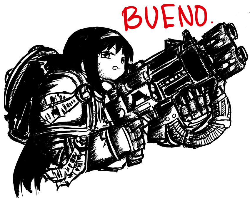 :p adeptus_astartes akemi_homura black_hair bolter crossover heresy highres invader_(artist) mahou_shoujo_madoka_magica multi-melta simple_background solo spanish tongue tongue_out warhammer_40k weapon