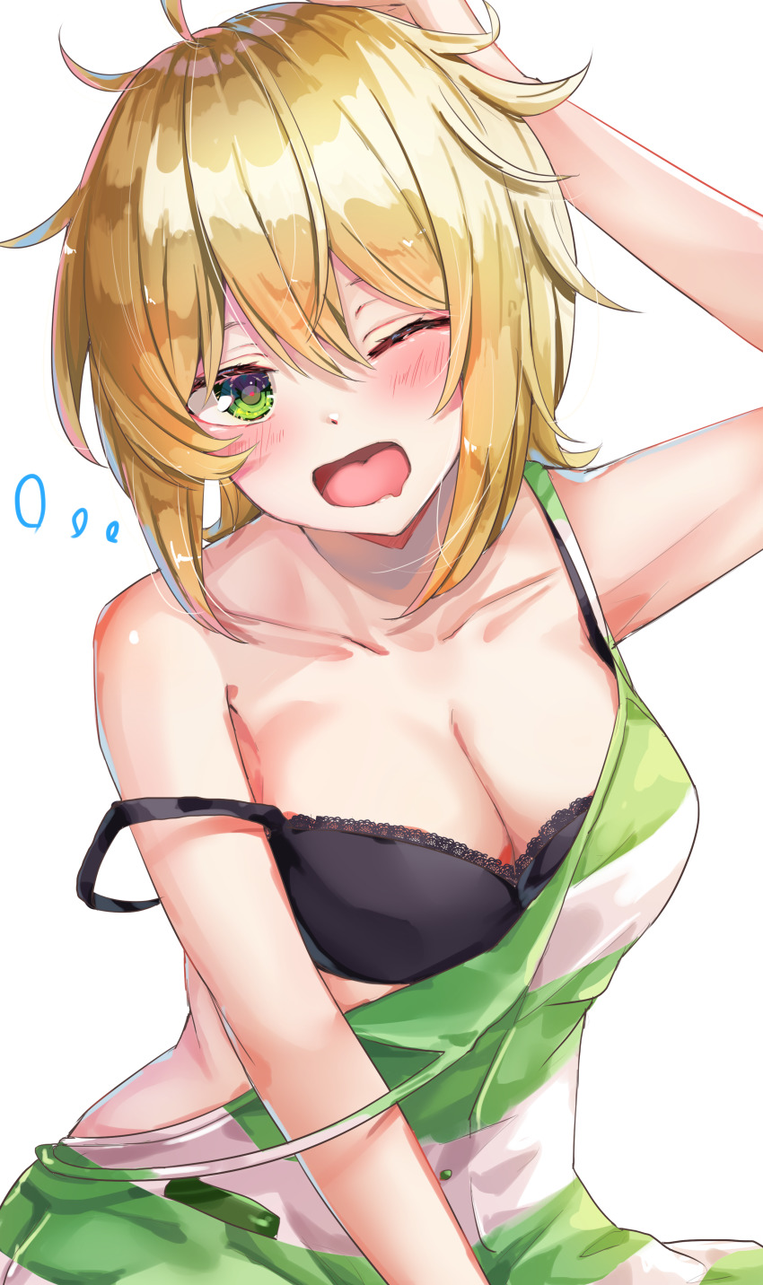 1girl absurdres akatsuki_kirika arm_up black_bra blonde_hair blush bra breasts cleavage collarbone drooling green_eyes hair_between_eyes highres long_hair looking_at_viewer medium_breasts messy_hair one_eye_closed open_mouth senki_zesshou_symphogear shiny_skin simple_background sitting sketch solo strap_slip underwear white_background yuunamida_uyu