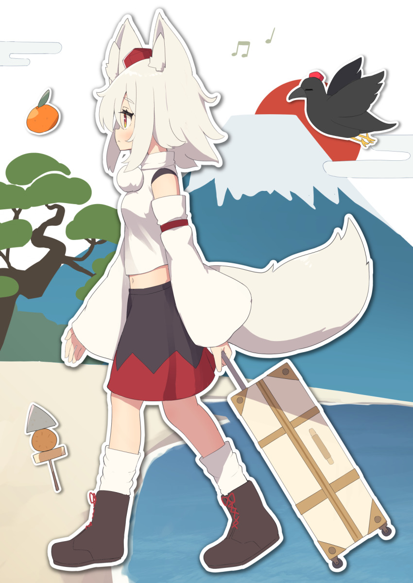 1girl animal animal_ear_fluff animal_ears beamed_eighth_notes bird black_boots black_skirt blush boots closed_mouth crop_top crow detached_sleeves egasumi food food_request grey_hair hair_between_eyes hat highres inubashiri_momiji long_sleeves midriff mini_hat musical_note navel oden outline profile quarter_note red_eyes red_hat rolling_suitcase saisoku_no_yukkuri shirt skirt sleeveless sleeveless_shirt socks solo suitcase tail tokin_hat touhou walking white_outline white_shirt white_sleeves white_socks wide_sleeves wolf_ears wolf_girl wolf_tail