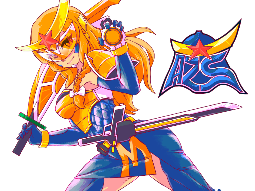 1girl assault_visor azusa_(cookie) blonde_hair blue_bodysuit bodysuit bow braid breasts closed_mouth commentary_request cookie_(touhou) cowboy_shot hair_bow highres holding holding_sword holding_weapon kamen_rider kirisame_marisa long_hair looking_at_viewer medium_breasts red_star shoulder_pads side_braid simple_background single_braid smile solo star_(symbol) sword touhou ukiwagirl weapon white_background white_bow