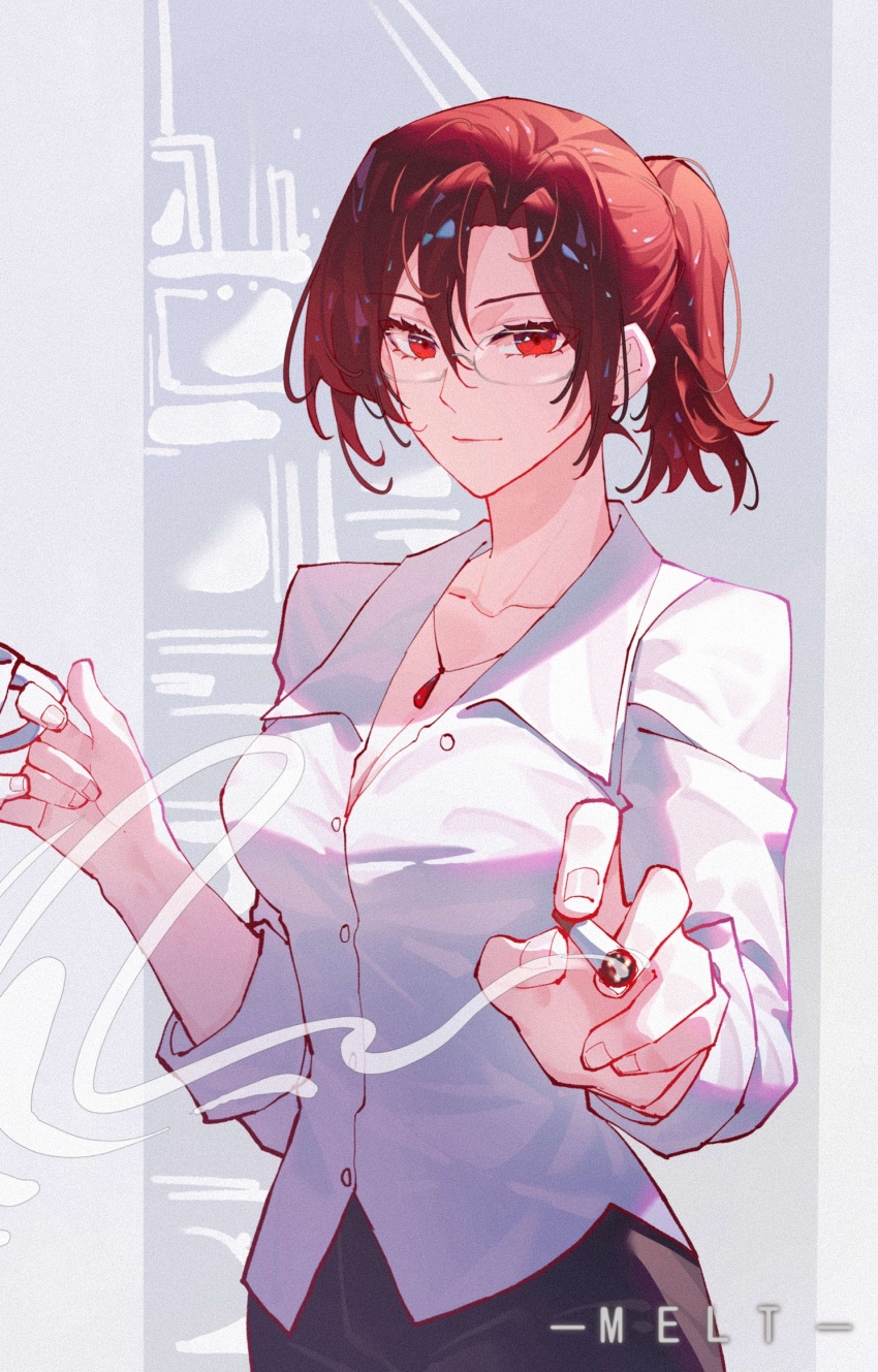 1girl aozaki_touko artist_name black_pants breasts buttons cigarette cleavage collarbone collared_shirt commentary cowboy_shot cup glasses hair_between_eyes highres holding holding_cigarette holding_cup jewelry kara_no_kyoukai long_hair looking_at_viewer meirong mug necklace pants ponytail shirt smile smoke smoke_trail solo white_background