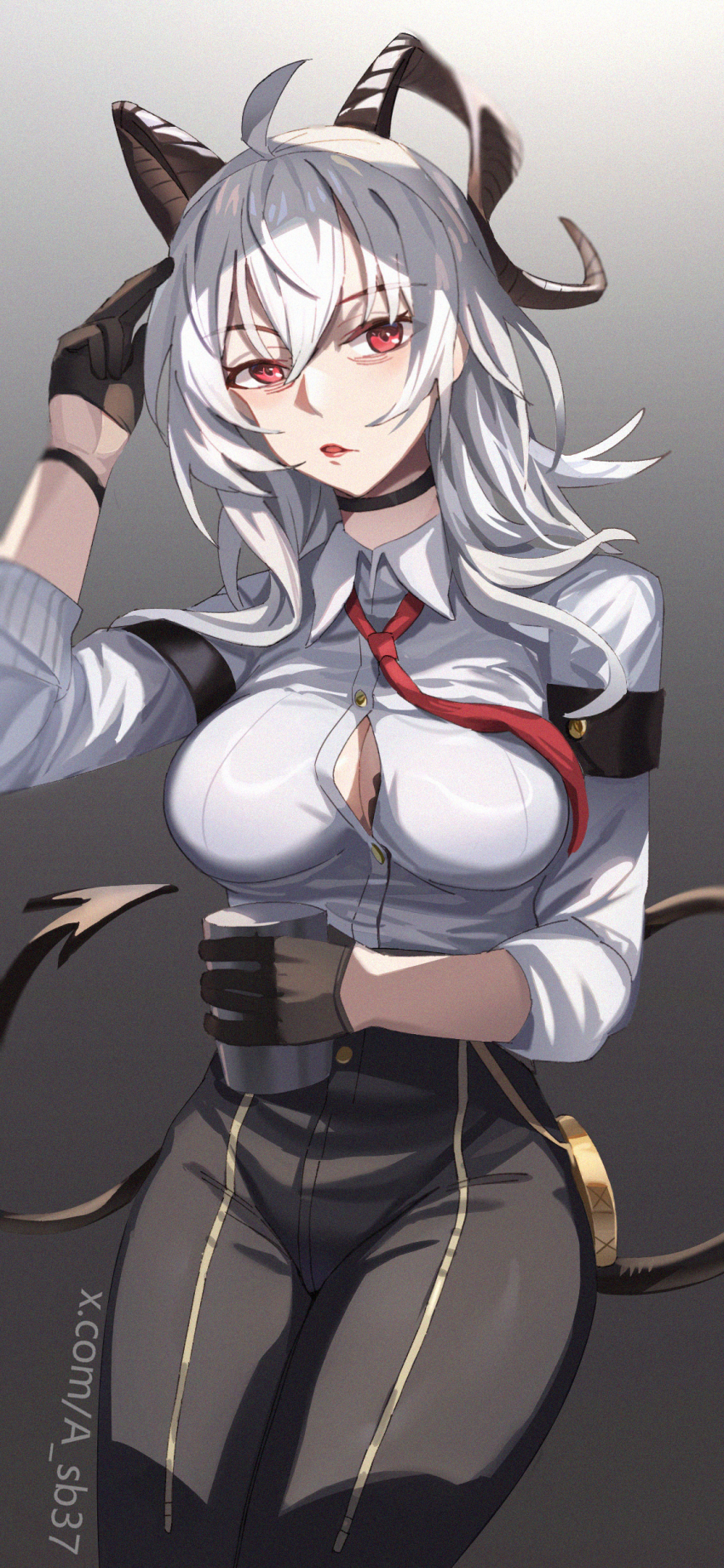 1girl 777._(pixiv) absurdres armband bags_under_eyes black_armband black_bra black_choker black_horns black_pants black_tail bra bra_peek breasts button_gap choker collared_shirt commentary cowboy_shot cup curled_horns demon_tail grey_hair highres holding holding_cup horns large_breasts long_hair looking_at_viewer necktie pants red_eyes red_necktie shirt solo tail underwear white_shirt wuthering_waves zani_(wuthering_waves)