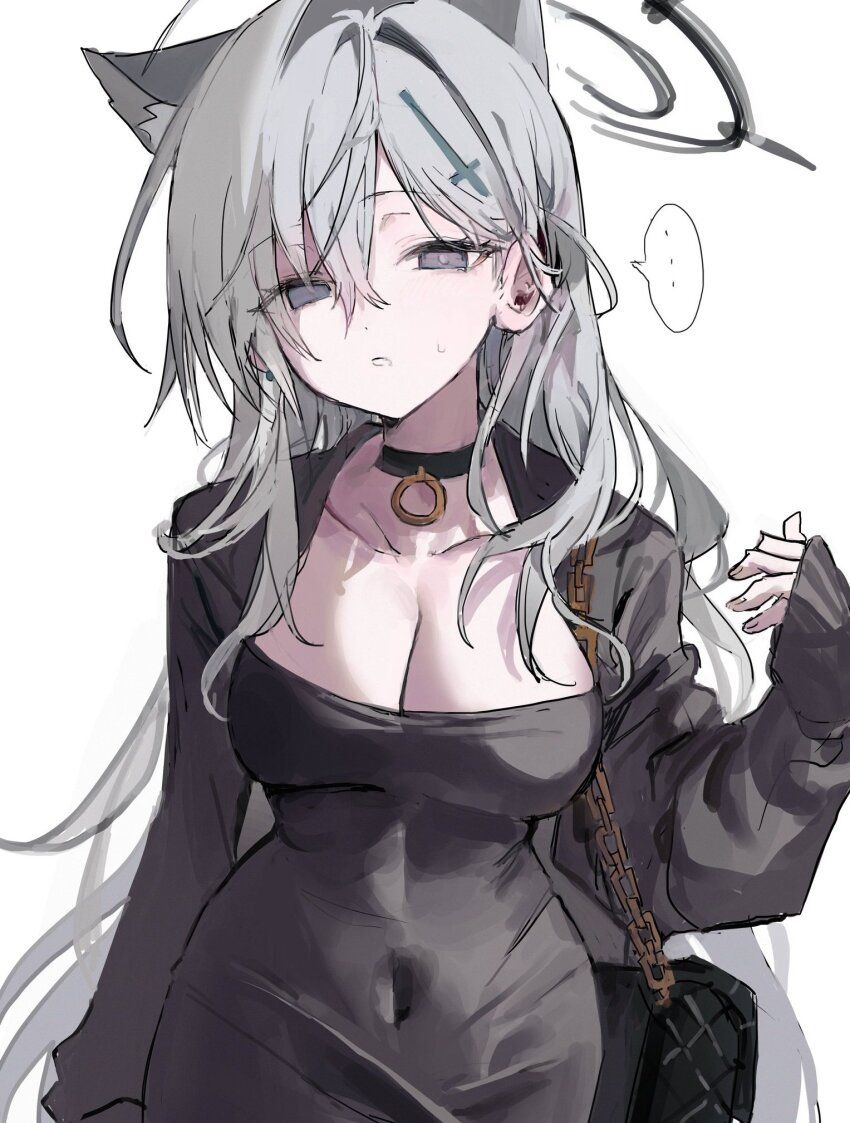 ... 1girl animal_ear_fluff animal_ears bag black_choker black_dress black_jacket blue_archive breasts choker cleavage covered_navel cross cross_earrings dongtan_dress dress earrings grey_eyes grey_hair hair_between_eyes hair_ornament halo highres jacket jewelry large_breasts long_hair long_sleeves looking_at_viewer meme_attire open_clothes parted_lips qqkkay shiroko_(blue_archive) shiroko_terror_(blue_archive) simple_background sleeves_past_wrists solo spoken_ellipsis sweat very_long_hair white_background