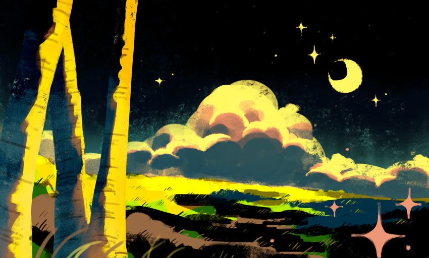 black_sky cloud cloud_focus cloudy_sky commentary crescent_moon cumulonimbus_cloud english_commentary gradient_sky grass green_sky highres horizon jauni_(tofublock) landscape moon nature night night_sky no_humans no_lineart original outdoors scenery sky tree yellow_clouds yellow_light yellow_theme