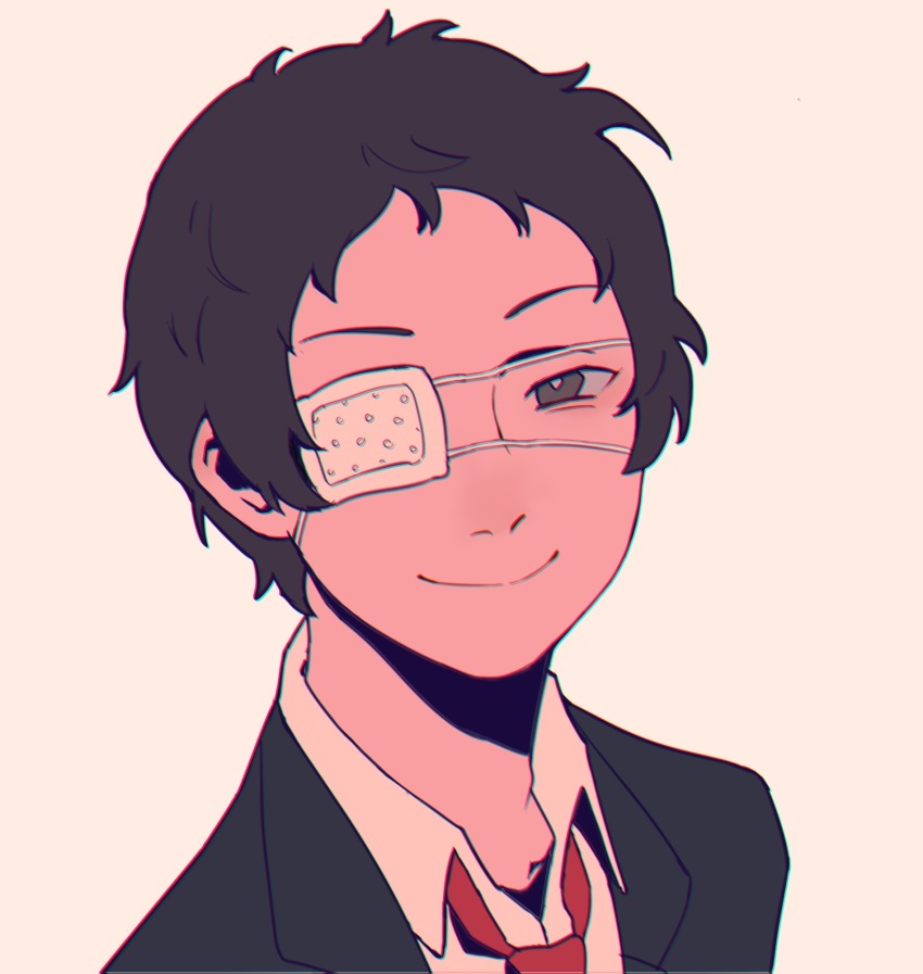 1boy adachi_tooru black_hair bright_pupils brown_eyes closed_mouth eyepatch formal_clothes half-closed_eyes highres jacket looking_at_viewer male_focus medical_eyepatch necktie persona persona_4 red_necktie shirt short_hair simple_background smile solo suit tedty33 white_pupils white_shirt