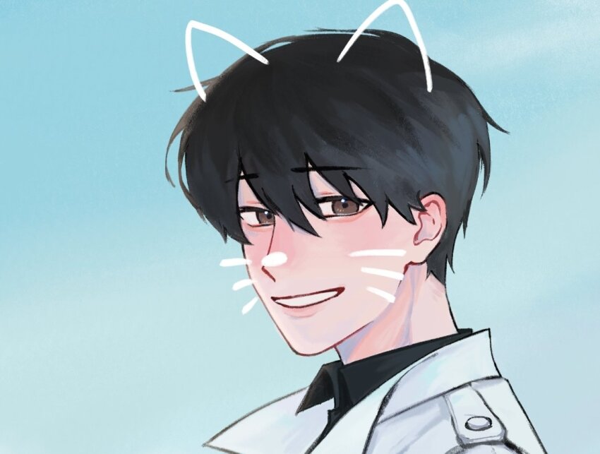 1boy :d aegyo_sal black_eyes black_hair black_shirt coat collared_shirt dokjasepilogue drawn_ears drawn_whiskers grin hair_between_eyes kim_dokja looking_at_viewer male_focus omniscient_reader&#039;s_viewpoint open_clothes open_coat open_mouth shirt short_hair smile solo white_coat