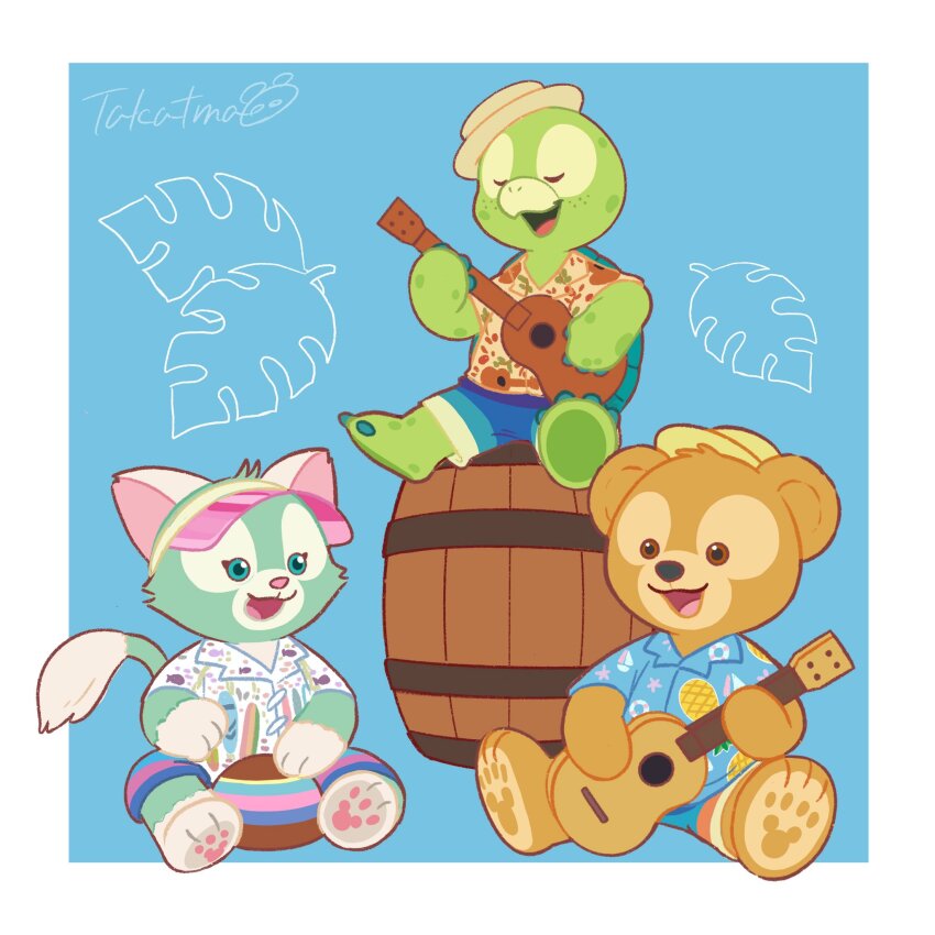 3boys animal_ears barrel cat_ears duffy duffy_and_friends duffy_the_disney_bear full_body gelatoni guitar highres holding instrument looking_at_viewer multiple_boys no_humans olu_mel open_mouth shirt simple_background sitting smile stuffed_animal stuffed_toy takatmaorange turtle turtle_boy