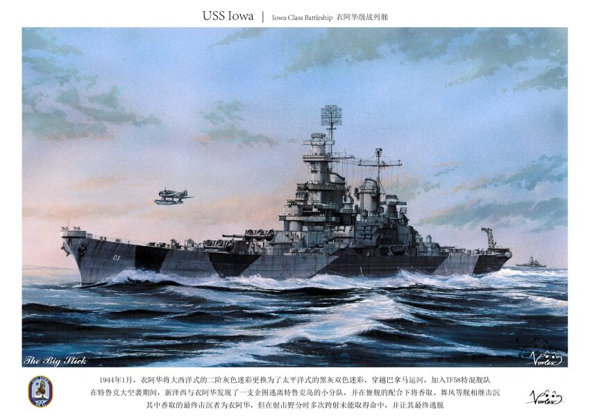 absurdres aircraft airplane american_flag anti-aircraft anti-aircraft_gun battleship cannon crane_(machine) day floatplane highres military_vehicle ocean original outdoors radar seaplane ship ship_turret sky smokestack united_states_navy uss_iowa_(bb-61) vehicle_focus vortex_(xu_xuanwo) warship watercraft