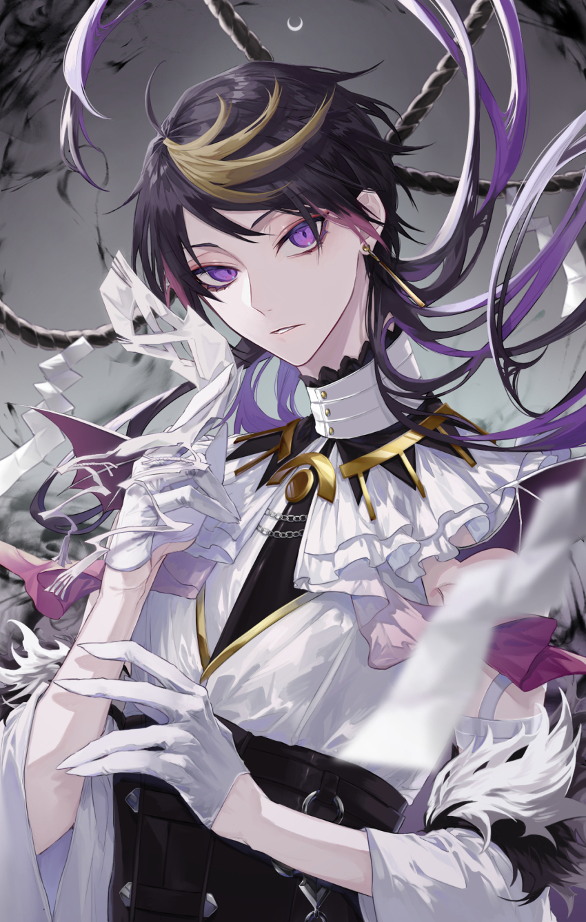 1boy alase_00 black_hair blurry blurry_foreground closed_mouth earrings floating_hair fur_trim gloves high_collar highres jewelry long_hair long_sleeves looking_at_viewer male_focus multicolored_hair nijisanji nijisanji_en purple_eyes shu_yamino shu_yamino_(1st_costume) solo virtual_youtuber white_gloves