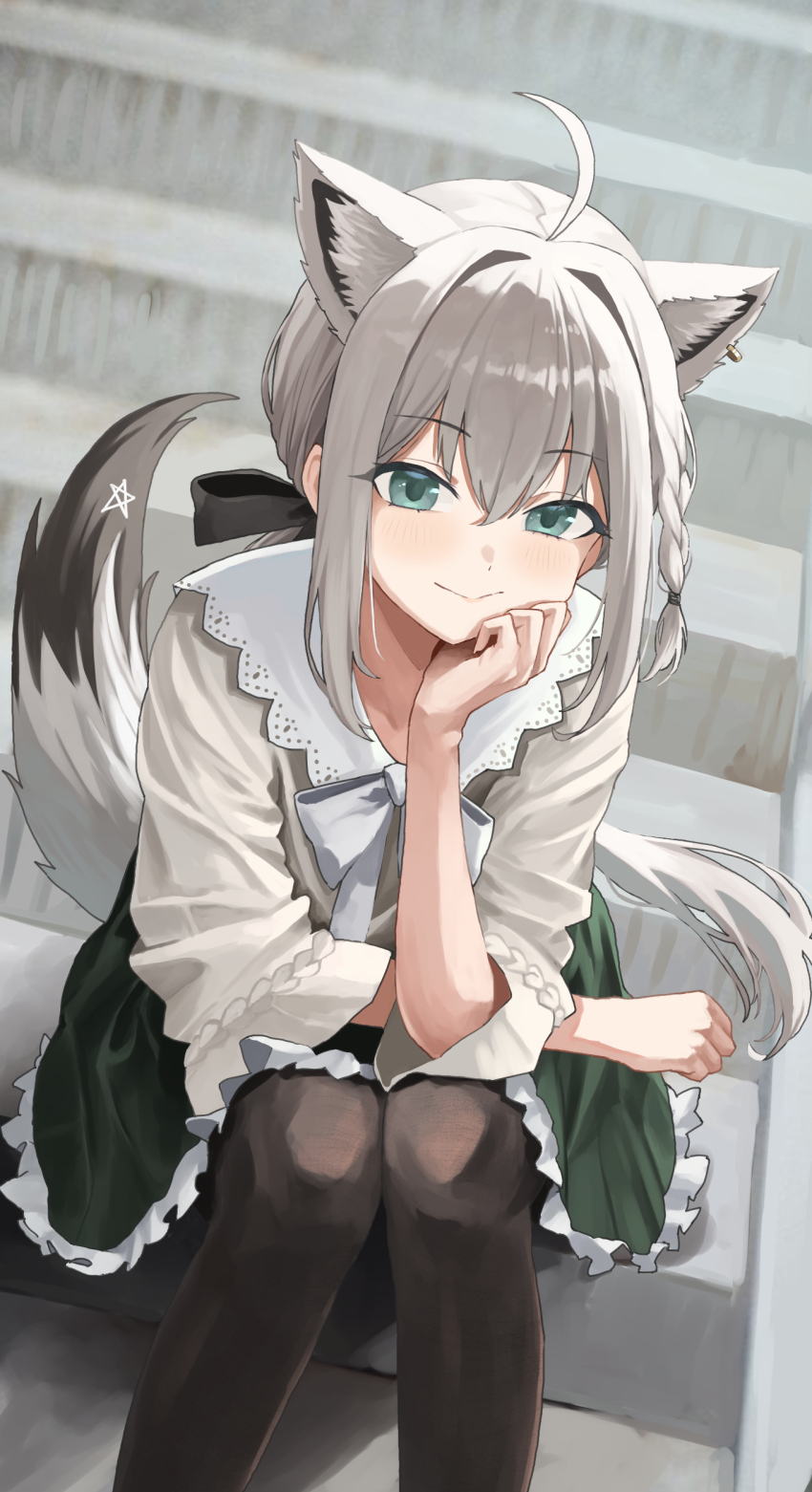 1girl absurdres ahoge animal_ear_fluff animal_ears aqua_eyes art_mu black_bow black_pantyhose bow braid commentary_request earrings extra_ears fox_ears fox_girl fox_tail frilled_skirt frills green_skirt hair_between_eyes hair_bow hair_intakes hand_on_own_chin head_rest highres hololive hoop_earrings jewelry light_blush long_hair long_sleeves looking_at_viewer low_ponytail medium_skirt pantyhose pentagram ponytail shirakami_fubuki shirakami_fubuki_(street) shirt side_braid sidelocks single_earring sitting sitting_on_stairs skirt smile solo stairs tail virtual_youtuber white_hair white_shirt wide_sleeves