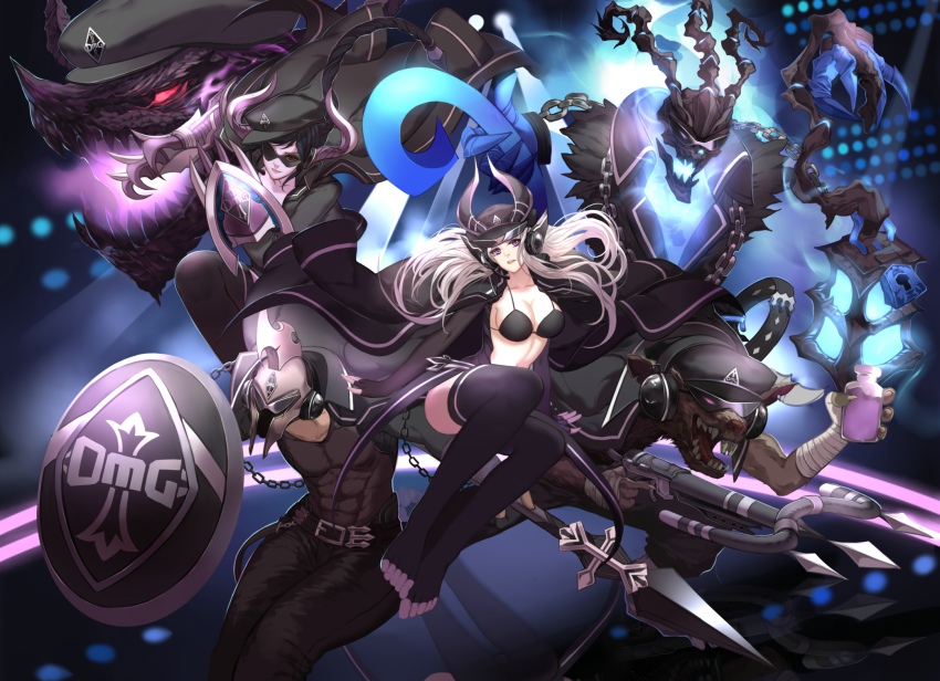 2girls 3boys alternate_costume belt bikini bikini_top_only black_hair citemer hat helmet highres holding holding_weapon horns jacket jacket_on_shoulders league_of_legends liuruoyu8888 long_hair multiple_boys multiple_girls pantheon_(league_of_legends) pants polearm purple_eyes shield shyvana smile spear sunglasses swimsuit syndra thresh_(league_of_legends) toeless_legwear twitch weapon white_hair
