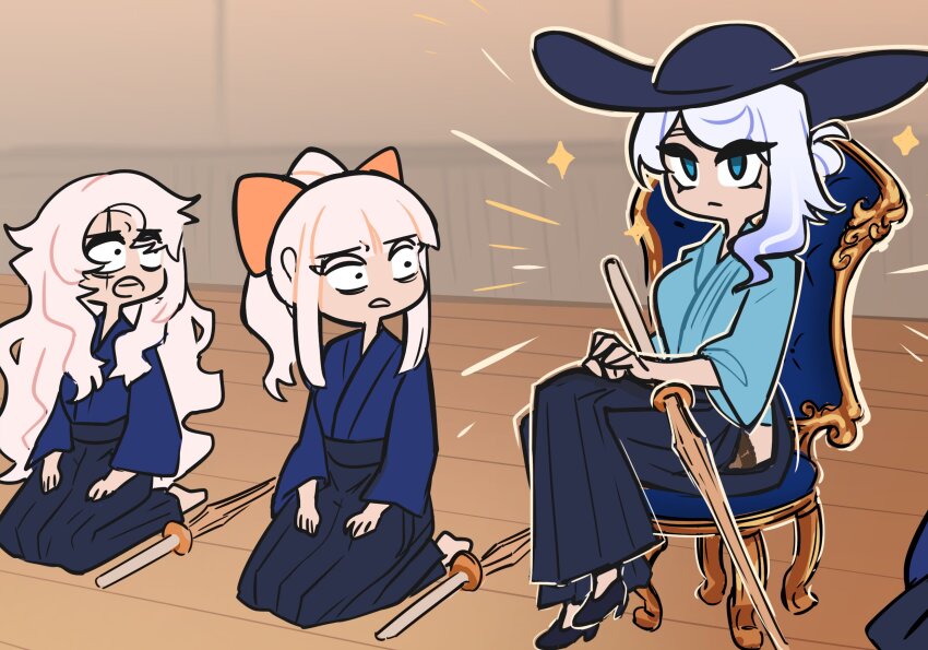 3girls black_hakama blue_hakama centurii-chan chair character_request crossed_legs dojo hakama hakama_skirt hat highres japanese_clothes kendo multiple_girls on_chair original rapier-chan_(centurii-chan) samurai_(centurii-chan) scar scar_across_eye scar_on_face seiza shinai sitting skirt surprised sword weapon wooden_floor wooden_sword