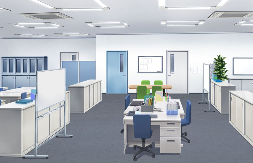 board_eraser ceiling ceiling_light chair corded_phone desk door floor highres indoors kono_kaisha_ni_suki_na_hito_ga_imasu marker no_humans office office_chair official_art partition phone plant potted_plant swivel_chair table whiteboard