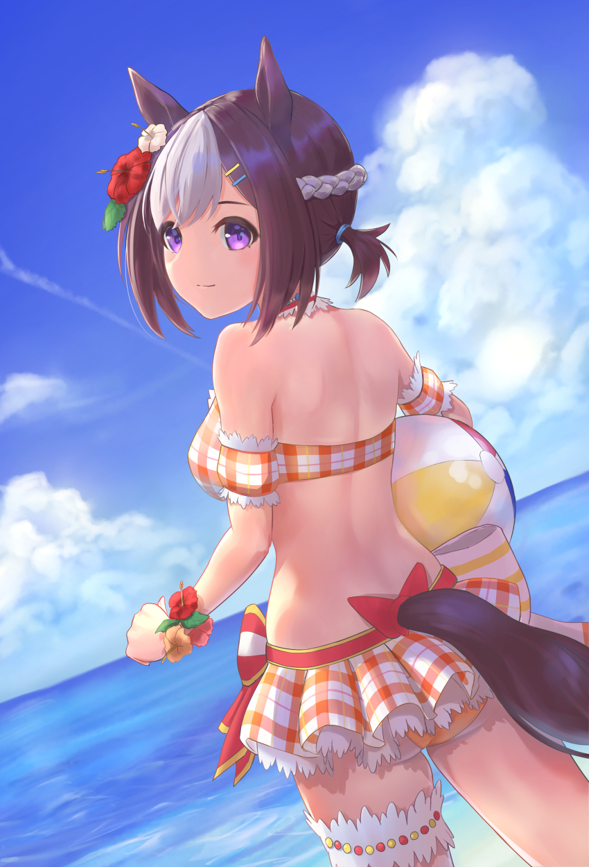 1girl absurdres animal_ears bikini bikini_skirt braid breasts brown_hair cleavage closed_mouth commentary_request crown_braid daiwa_uho flower from_behind hair_flower hair_ornament hair_tie hair_up hibiscus highres horse_ears horse_girl horse_tail jewelry looking_at_viewer medium_hair multicolored_hair necklace ocean official_alternate_costume official_alternate_hairstyle orange_bikini partial_commentary plaid_bikini plaid_clothes ponytail purple_eyes short_hair short_ponytail smile solo special_week_(hopping_vitamin_heart)_(umamusume) special_week_(umamusume) standing swimsuit tail tem_(tempainting1) umamusume wading white_hair