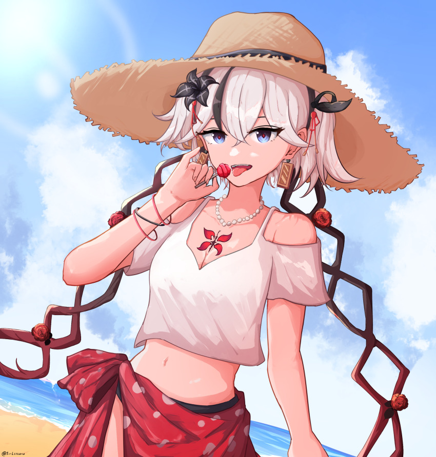 1girl absurdres alternate_costume bare_shoulders beach bead_necklace beads bikini black_bikini black_flower blake_bloom_(wuthering_waves) blue_sky breasts camellya_(wuthering_waves) cleavage clothing_cutout collarbone commentary crop_top day earrings english_commentary flower gold_earrings hair_flower hair_ornament hair_ribbon hair_vines hat highres jewelry midriff navel necklace open_mouth outdoors red_pupils red_ribbon red_sarong ribbon sarong shirt shore short_hair shoulder_cutout side-tie_bikini_bottom sir_lossamu sky small_breasts solo straw_hat swimsuit tacet_mark_(wuthering_waves) tongue tongue_out water white_shirt wuthering_waves