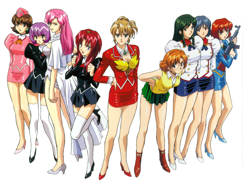 1990s_(style) 6+girls absurdres adjutant_(agent_aika) agent_aika aida_rion aika_(series) arms_behind_back arms_up ascot assault_rifle bare_legs black_ascot black_delmo black_delmo_leader black_footwear black_jacket black_skirt blue_delmo blue_delmo_leader blue_eyes blue_footwear blue_hair blue_jacket blue_skirt bob_cut boots bow breasts brooch brown_eyes brown_footwear brown_hair bustier choker cleavage closed_mouth collar collared_shirt cosplay covered_erect_nipples delmo delmo_commander delmogeny_uniform detached_collar earrings fingernails folded_ponytail full_body garrison_cap glasses green_hair green_skirt gun hairband hand_on_own_hip hands_on_own_hips hat high_heels highres holding holding_gun holding_weapon jacket jewelry juliet_sleeves large_breasts leaning_forward leg_lift legs lineup lipstick logo long_hair long_sleeves makeup maypia_alexymetalia medium_breasts miniskirt multiple_girls neena_hagen official_art open_mouth orange_ascot orange_hair pencil_skirt photoshop_(medium) pink_delmo pink_hair pink_hat pink_jacket pink_shoes pink_skirt pleated_skirt puffy_sleeves purple_eyes purple_hair red_ascot red_hair red_jacket red_lips red_skirt retro_artstyle rifle shiny_clothes shiny_footwear shirt shoes short_hair simple_background skirt sleeve_cuffs smile standing standing_on_one_leg stg44 sumeragi_aika suzie_(agent_aika) thighhighs thighs vest weapon white_background white_collar white_delmo white_footwear white_jacket white_legwear yamauchi_noriyasu yellow_bustier yellow_vest