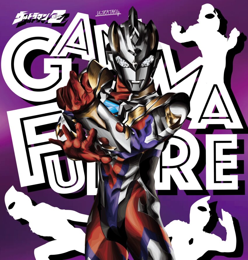 1boy abstract_background alien armor arms_across_body artist_name black_skin breastplate character_name color_timer colored_skin commentary compound_eyes cowboy_shot crystal dorsal_fin english_text forehead_jewel glowing glowing_eyes hands_up highres legs_apart looking_down male_focus multicolored_skin open_hand pectorals purple_background purple_skin red_skin signature silhouette silver_skin snapping_fingers spread_fingers standing tokusatsu toned toned_male ultra_series ultraman_dyna ultraman_gaia ultraman_tiga ultraman_z ultraman_z_(gamma_future) ultraman_z_(series) ultrataku white_eyes wrinkled_skin