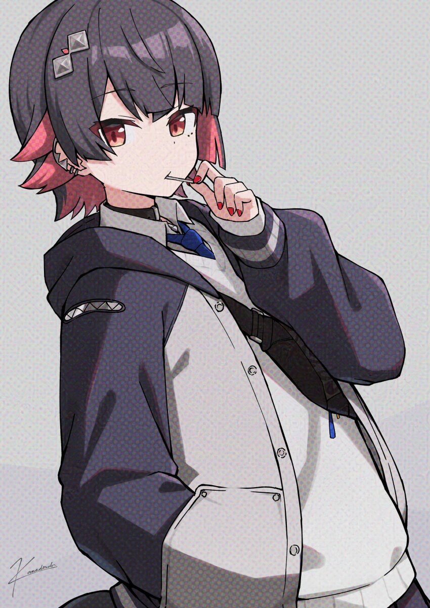 1girl absurdres black_choker black_hair black_hoodie choker colored_inner_hair ellen_joe hair_ornament hairclip hand_in_pocket highres hood hoodie lollipop_in_mouth looking_at_viewer mole mole_under_eye multicolored_hair necktie official_alternate_costume razor_blade_hair_ornament red_eyes red_nails shinoyo shirt short_hair two-tone_hair white_shirt zenless_zone_zero