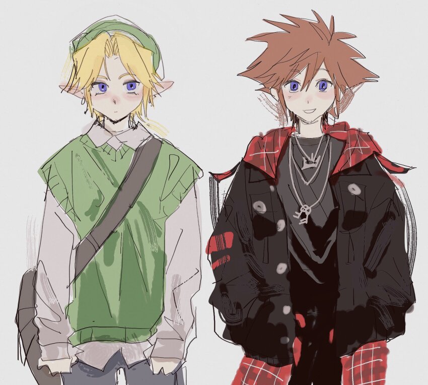 2boys backpack bag black_jacket blonde_hair blue_eyes brown_hair cropped_legs crossover green_sweater_vest hands_in_pockets hat_babo highres jacket jewelry kingdom_hearts link long_sleeves looking_at_viewer male_focus medium_hair multiple_boys necklace nintendo pointy_ears shirt simple_background sora_(kingdom_hearts) spiked_hair sweater_vest the_legend_of_zelda white_background white_shirt