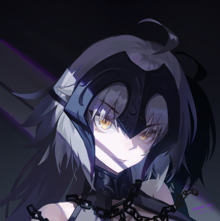 1girl absurdres armor armored_dress bare_shoulders black_background breasts chain chain_yu collar dress fate/grand_order fate_(series) grey_hair hair_between_eyes headpiece highres jeanne_d&#039;arc_alter_(avenger)_(fate) jeanne_d&#039;arc_alter_(fate) looking_at_viewer metal_collar parted_lips plackart shadow short_hair simple_background smile solo yellow_eyes