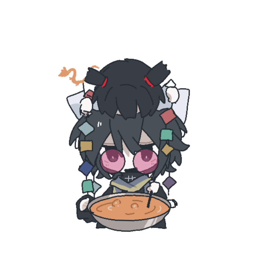 1boy 1girl black_eyes black_hair black_shirt boiling bowl chibi chibi_only chinese_commentary commentary_request face_down huai_huizhi huai_yunqing jaggy_lines long_sleeves milander multicolored_scarf open_mouth pink-tinted_eyewear round_eyewear scarf shirt short_hair short_twintails simple_background smile stirring tinted_eyewear touqi_guaitan twintails two-tone_scarf white_background