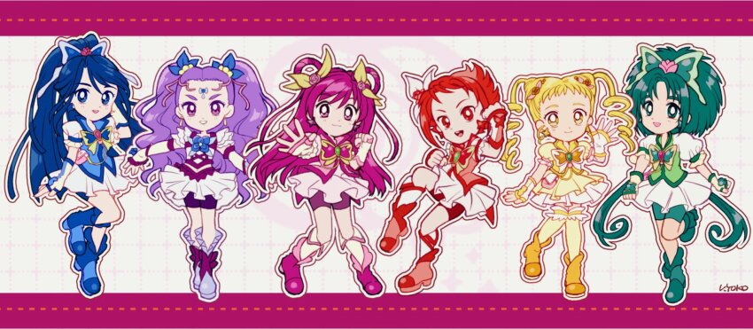 6+girls akimoto_komachi animal_print back_bow beads bird blonde_hair blue_boots blue_bow blue_eyes blue_flower blue_hair blue_rose blue_shorts blue_vest boots border bow bowtie bright_pupils brooch brown_bow brown_bowtie brown_flower brown_rose butterfly_earrings butterfly_hair_ornament butterfly_print cellphone circlet clenched_hand clenched_hands closed_mouth coattails collared_socks collared_vest commentary cropped_shirt cross-laced_clothes cross-laced_top cure_aqua cure_dream cure_lemonade cure_mint cure_rouge deformed determined dot_nose dotted_line dress drill_hair earrings elbow_gloves eyelashes fingerless_gloves floral_print flower flower_brooch footwear_bow forehead frilled_arm_warmers frilled_footwear frilled_skirt frilled_sleeves frilled_socks frills full_body gloves green_boots green_bow green_bowtie green_brooch green_eyes green_hair green_shorts green_vest grid_background hair_beads hair_bobbles hair_bow hair_flower hair_ornament hair_rings hand_in_own_hair hand_up happy high_collar high_heel_boots high_heels high_ponytail highres invisible_chair jewelry kasugano_urara_(yes!_precure_5) knee_boots knee_up kneehighs leg_up letterboxed long_hair looking_at_viewer low_twintails magical_girl makeup_palette midriff milky_rose mimino_kurumi minazuki_karen miniskirt multiple_girls natsuki_rin navel open_mouth outline outside_border outstretched_arm over-kneehighs parted_bangs penguin phone pink_bag pink_boots pink_border pink_bow pink_bowtie pink_eyes pink_flower pink_hair pink_rose pink_vest pleated_dress pleated_skirt ponytail precure puffy_short_sleeves puffy_sleeves purple_boots purple_bow purple_bowtie purple_eyes purple_hair purple_shorts red_boots red_bow red_brooch red_eyes red_hair red_shorts rose rose_print shirt short_dress short_hair short_sleeves shorts shorts_under_dress shorts_under_skirt signature sitting skirt skirt_set skirt_under_dress smile socks squirrel standing swept_bangs tareme teeth thighhighs tsurime twin_drills twintails two-tone_bag two-tone_bow two_side_up upper_teeth_only uwded_207 very_long_hair vest waist_bag watch waving white_arm_warmers white_background white_bag white_bow white_dress white_gloves white_outline white_pupils white_shirt white_skirt white_socks wrist_flower wristwatch yellow_boots yellow_bow yellow_bowtie yellow_dress yellow_eyes yellow_socks yellow_vest yes!_precure_5 yes!_precure_5_gogo! yumehara_nozomi